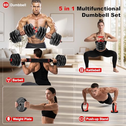 Adjustable Dumbbell Set, 20/30/45/70/90lbs, 5 in 1 Multi-Function Dumbbells | Converts to Barbell Kettlebell&Push up Stand, Free Weight Set for Home Gym Workout, Suitable for Men/Women Strength Training - size: 90LBS(45LB Pair)