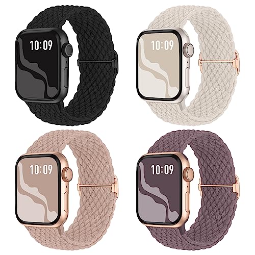 4 Pack Braided Stretchy Bands Compatible with Apple Watch 40mm 41mm 38mm 42mm 44mm 45mm 46mm 49mm Women Men, Breathable Nylon Elastic Daily Use Straps for iWatch Series 11/10 9 8 7 6 5 4 3 SE/Ultra 2 - color: Black/Starlight/Nude Pink/Smoke Violet, size: