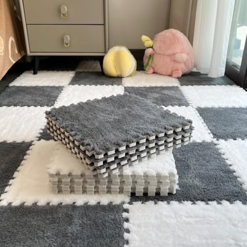 12Pcs Plush Foam Floor Mat,Plush Interlocking Carpet Tiles,Anti-Slip Square Puzzle Floor Mat,EVA Foam Area Rugs for Bedroom Playroom (White+Grey) - color: White+grey