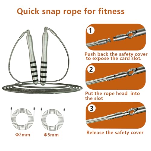 DIY Adjustable Weight Jump Rope (0.4LB /1/2LB/0.7LB /0.8LB) Interchangeable 2mm & 5mm Cable for CrossFit, Double Unders, HIIT Workouts - Fast Clamp System, 10ft Adjustable - color: Silver