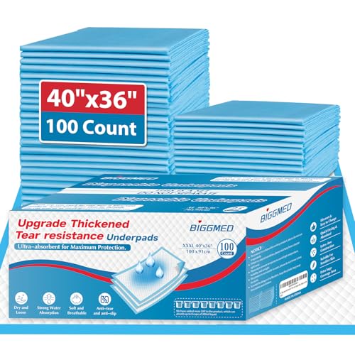BIGGMED 100 Count Incontinence Bed Pads 40'' x 36'' Tear-Resistant Disposable Underpads Heavy Duty Chucks Pads for Adults, Kids & Elderly | Protection Pads for Bed, Sofa, and Chair - size: 40"x36"- 100 Count (Tear-resistant)
