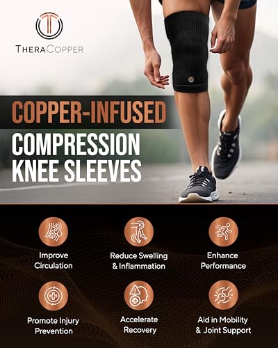 TheraCopper Copper Knee Brace for Men & Women (2 Pack) — Non-Slip Compression Copper Knee Sleeve for Arthritis, Knees Pain Relief, Swelling, Anti inflammatory and Recovery Support (Medium) - size: Medium