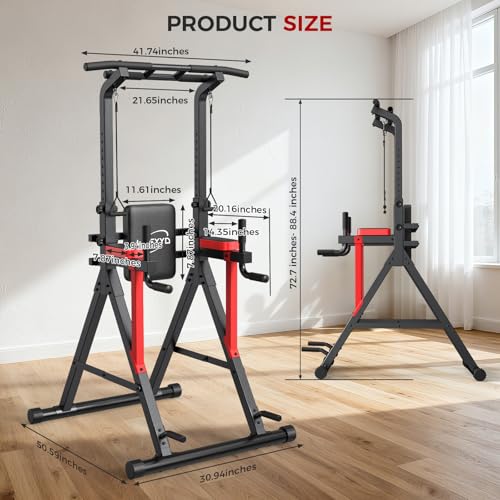 Power Tower Pull Up Bar Free Standing,13-Level Adjustable Height Dip Station with X Frame Stability, Multi-Grip Handles,Backrest,Home Gym Strength Training Equipment with Power Elastic Ropes 400LBS Capacity