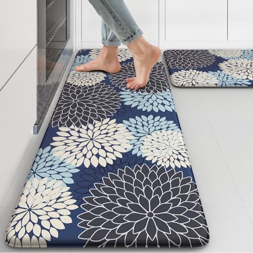 Anti Fatigue Kitchen Mats 2PCS,Boho Dahlia Kitchen Rugs Non Slip Rubber Backing,Farmhouse Waterproof Kitchen Mat for Floor,Cushioned Standing Mat for Kitchen,Sink,Desk,Mutil-Blue - color: Multi-blue, size: 17.3" x 47 "+ 17.3" x 29 "--0.47 inches