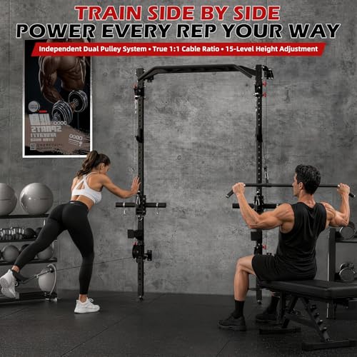 Wall Mounted Power Rack with Cable Crossover Machine, Foldable Squat Rack with Dual Pulley System, Pull Up Bar & J Hooks, 800 LB Capacity Space Saving Home Gym Strength Training Equipment