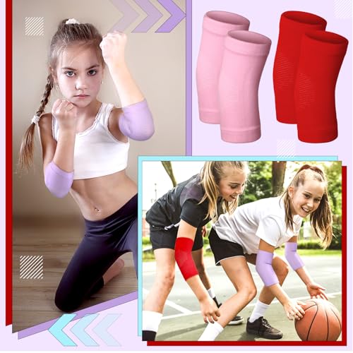 Lenwen 4 Pairs Kids Elbow Brace Compression Arm Elbow Sleeve Knit Guard Gym Protectors for Boys Teen Children Girls Basketball Volleyball Tennis Cycling(5-10 Years,Light Pink, Red, White, Purple) - color: Light Pink, Red, White, Purple, size: 5-10 Years