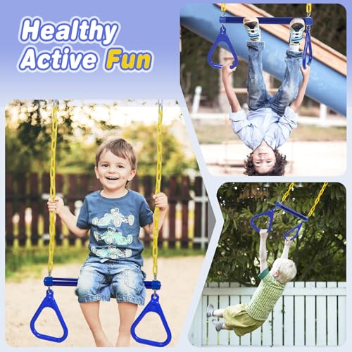 RedSwing Kids Swingset Bundle,Trapeze Swing Bar and Climbing Rope Swing, Kids Swingset Heavy Duty Coated Chains with Carabiners, Outdoor Play Playground Accessories, Blue - color: Blue + Blue