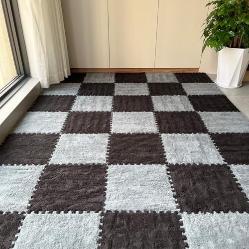 12pcs Carpet Squares Puzzle Floor Mat, Plush Interlocking Carpet Tiles, Anti Slip EVA Foam Jigsaw Floor Tiles, Build A Safe Area for Bedroom Playroom (Grey+Black) - color: Grey+black