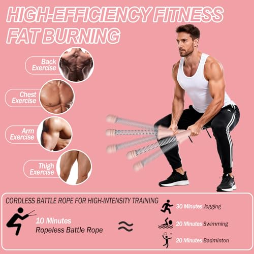 Upgrade Portable Ropeless Battle Ropes - Adjustable Weights Cordless Battle Ropes for Home Gym with Training Poster - Battle Rope Sticks Exercise Equipment for Low-Impact Workout, HIIT & Cardio - Pink - color: Pink
