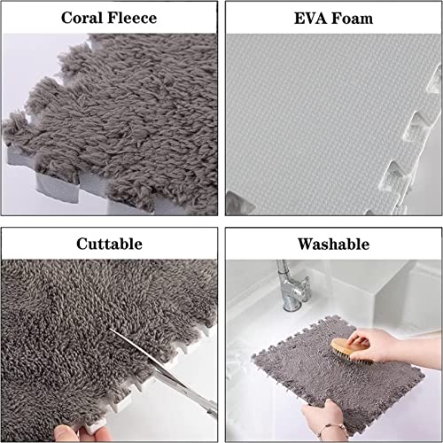 10pcs Plush Puzzle Foam Floor Mat, Soft Fluffy Interlocking Square Foam Tiles Area Rugs Carpet for Parlor Bedroom Decoration(11.8x11.8in, Grey&Pink) - color: Grey&pink