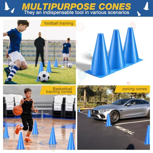12 Inch Sports Cones Set of 24,Durable Training Cones for Soccer,Football, Basketball Drills - Multi-Purpose Agility Cones for Indoor & Outdoor Practice - color: blue