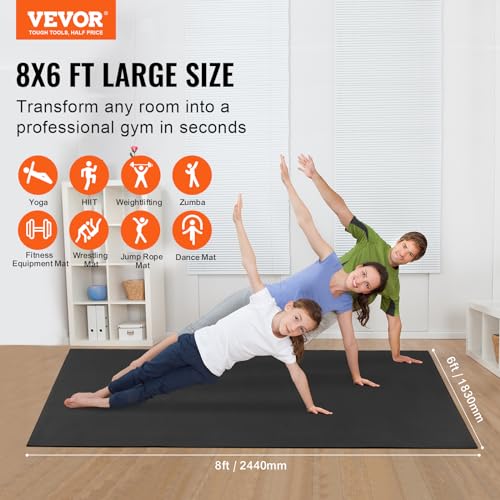 VEVOR Large Exercise Mat, 12'x6'/10'x6'/9'x6'/8'x6'/8'x5'/7'x5'/6'x4' (7mm) Extra Thick, Non Slip High Density Premium Workout Mat, Exercise Yoga Mat for Men & Women, Fitness & Exercise Mat with Bag & Carry Strap, for All Types of Home Yoga, Pilate & Floo
