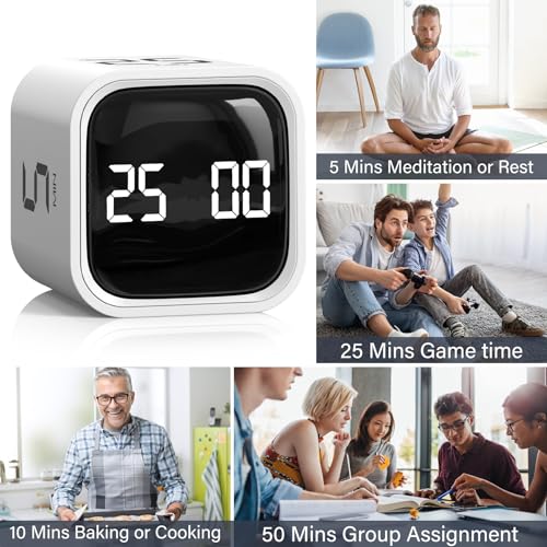 Rotating Pomodoro Timer 5, 25, 10 50 Minutes Preset, Desk Productivity Flip Timer, ADHD Tool Cube Countdown Stopwatch, Vibration/High/Low Volume/Custom Modes, for Work, Study, Back to School, White - color: White