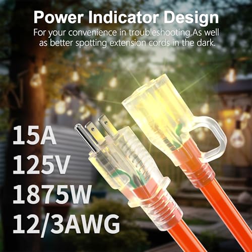HUANCHAIN 12/3 Gauge 150 ft Outdoor Extension Cord Waterproof Heavy Duty with Lighted end, Flexible Cold-Resistant 3 Prong Electric Cord Outside, 15Amp 1875W 12AWG SJTW, Orange, ETL - color: Orange, size: 150FT