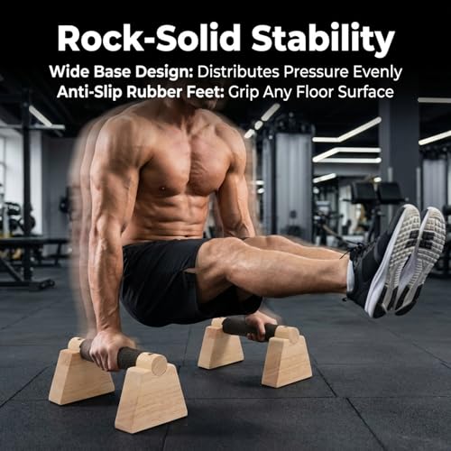 Parallettes Bars Push Up Stand, Wooden Calisthenics Equipment Set with Wrist Wraps, Handstand Trainer Push Up Handles for Men Home Gym with Non-Slip Base