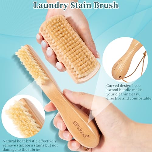 BFWood Laundry Stain Brush - Natural Soft Boar Bristle for Scrubbing Out Tough Stains on Delicate Fabrics, Knits, Cotton, Linens, No Damage (Set-2PCS) - style: Set-2PCS