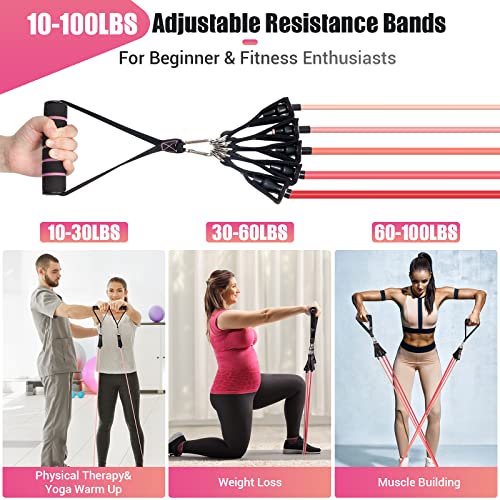Resistance Bands with Handles for Women, 5 Level Exercise Bands Workout Bands for Physical Therapy, Yoga, Pilates, Door Anchor, Storage Pouch - color: Pink