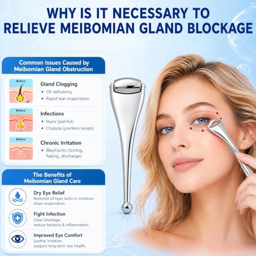 Metal Eye Roller for Dry Eye Relief & Puffy Eyes- Eyelid Roller for Chalazion,Stye,MGD Relief,Improves Meibum Flow and Unclogs Oil Glands,Gentle Meibomian Gland Expression for Blocked Eyelid Glands