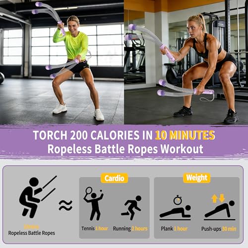 Portable Adjustable Ropeless Battle Ropes with Purple | Weighted Cordless Workout Rope with Anti-slip Handles for Low-impact Cardio, HIIT, Home Gym and Office Fitness - color: Purple