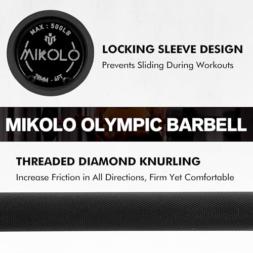 Mikolo EZ Curl Bar, 2 Inch Olympic Curl Bar for Biceps and Triceps, 47” Curling Bar with Knurled Grip, 700LB Barbell Bar with Multi-Angle Wrist-Friendly Design - color: Black - 4ft Straight Bar - Bar Only