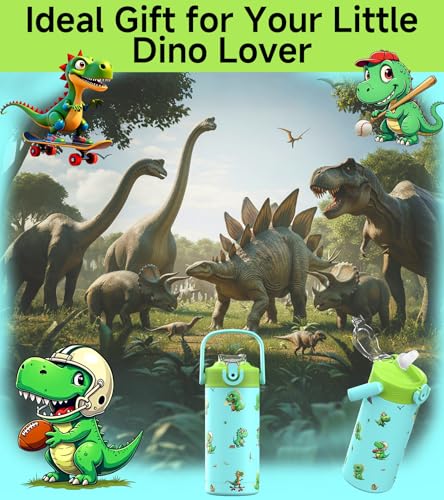 MYFOREST 14oz/400ml Insulated Kids Water Bottle, Odor-free Liner, 3D Touch | No Plastic Taste, Surgical Steel - No Chemical Leaching, Name Spot, Soft Sipper, Gift for Dino Fan, Blue. Dinosaurs - color: Blue. Dinosaurs