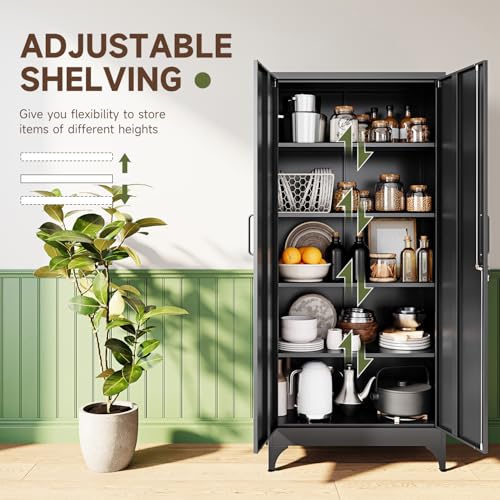 Letaya 71" H Metal Storage Cabinet with 2 Doors and 4 Shelves,Tall Kitchen Pantry Cabinets,Utility Pantry Organizers for Cupboard/Dining/Bathroom/Home Office/Garage, Steel Tool Cabinets - color: Black, size: 70.9 X 32 X 16 In(H X W X D)