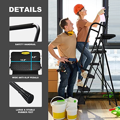 HBTower Step Ladder with Handrails, Folding Step Stool with Attachable Tool Bag & Anti-Slip Wide Pedal for Home Kitchen Pantry Office, Black - size: 5 Step