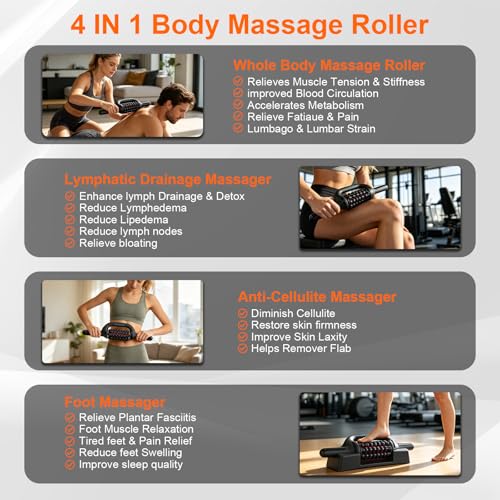 Lymphatic Massager Roller for lymphedema & lipedema, Electric Rolling Percussive Massager With Redlight, 6-Speed Massage Roller for Whole Body Pain Relief & Muscle Recovery & Back/ Arm/Legs&/Calf/Foot
