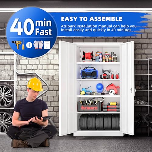 Superday Locking Metal Cabinet 72"×36"×18", Tall Storage Cabinet with 2 Doors and 4 Shelves, Large Metal Steel Utility Cabinets for Office File Bathroom Medicine Garage Pantry (White) - color: White, style: 72"