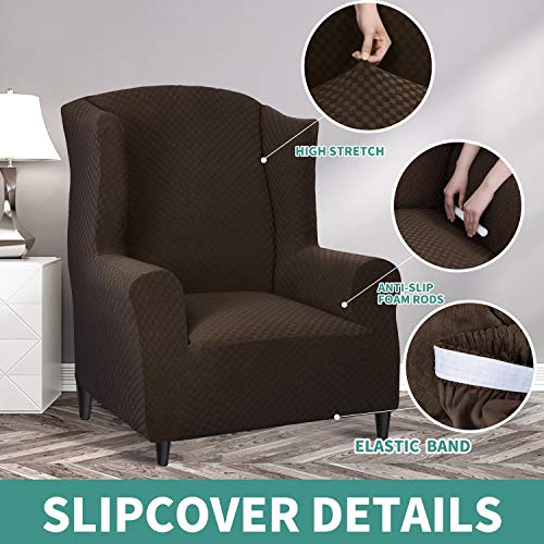 YEMYHOM 1 Piece Stretch Wingback Chair Slipcover Latest Jacquard Design Wing Chair Cover Non Slip Furniture Protector with Foam Rods for Living Room (Wing Chair, Dark Coffee) - color: Dark Coffee, size: 1 Pack - Wing Chair