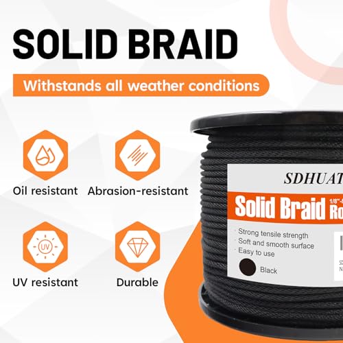 SDHUATUO 1/8 Inch Nylon Solid Braided Rope, 500FT Polyester Cord Black | 260 lbs, UV Resistant & Wearproof, Soft Flexible Rope for Binding, Flower Baskets and Other Handicrafts, Gardening - color: Black, size: 1/8''-500ft