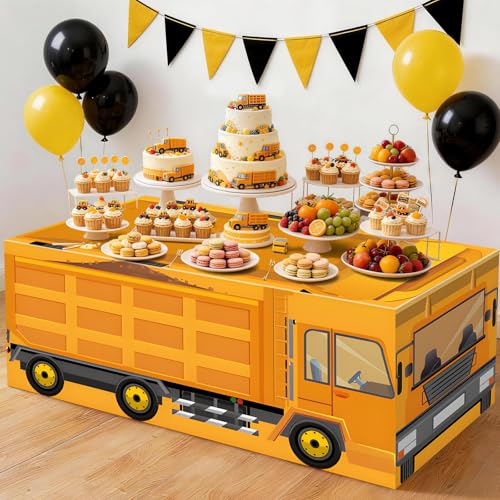 6FT Construction Dump Truck Tablecloth, Bold Yellow Heavy Equipment Print Washable Reusable Fabric Table Cover for Kids Birthday Table Decor, Construction Party Supplies, and Truck Theme Decorations - color: Dump Truck