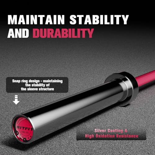 RitFit Elite 7ft Olympic Barbell, Robust 45lb Barbell for Weightlifting and Powerlifting, Superior Olympic Bar with Exceptional 500lbs Load Capacity, Weight Bar for 2” Standard Plates - color: Silver/Pink, size: 6.6 ft 900 lb 33 lb without Collar