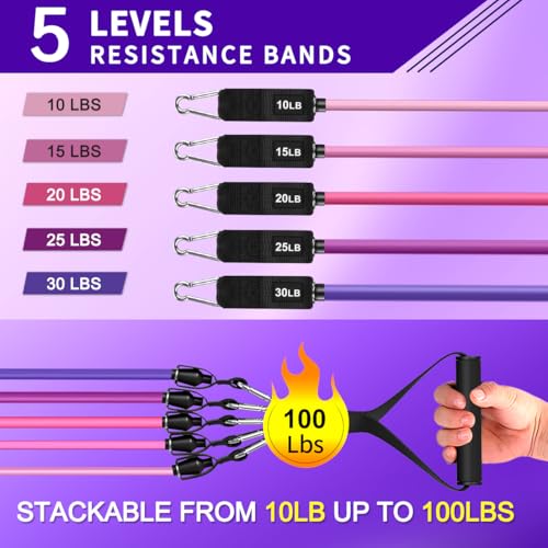 WHATAFIT Resistance Bands, Exercise Bands with Handles, Workout Bands for Working Out, Fitness Bands Set for Home Gym Full Body Strength Training, Muscle Tone, Yoga & Stretching - color: 10-100LB-Purple