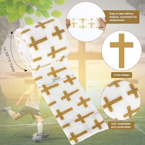 Geiserailie 12 Pack Christian Athletic Tapes 2 Inch x 5 Yards Self Adhesive Bandages Sports Wraps Breathable Elastic Wrap Non Woven Bandage for Wrist, Ankle, Baseball Football (White and Gold) - color: White and Gold