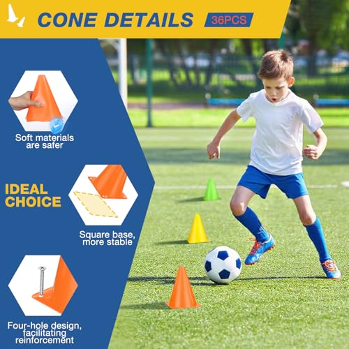 36pcs Cones 7 Inch Soccer Cones and Plastic Traffic Cones, Durable Cones for Sports Training, Ideal for Soccer, Basketball, Football, Skating, and Agility Drills Practice - color: colors