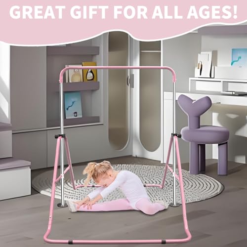 Gymnastic Bars for Kids with Attachable Rings, Height Adjustable Junior Training Horizontal Bars, Foldable Gymnastic Training Kip Bar for Home - color: Pink