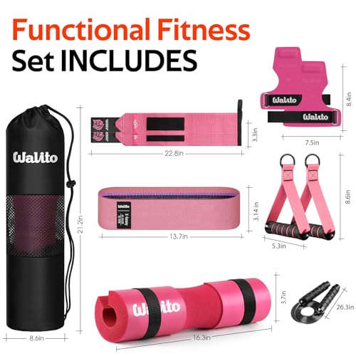 WALITO 8Pcs Barbell Pad Set for Hip Thrust - Squat Pad,Gym Accessories for Women with Bar Bad,Bench Press, with Gym Ankle Straps,Resistance Bands for Working Out,Lifting Strap,Carry Bag - color: Black Pink-10