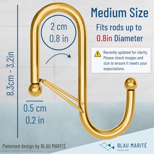 10-Pack Metal S Hooks for Hanging – Heavy-Duty S-Shaped Hooks with Safety Buckle – Fits Bars up to 0.8 in – Anti-Drop S-Hooks for Kitchen, Bathroom, Closet & Pot Racks – Gold (Medium) - color: Yellow Gold, size: Medium - 0.8In Diameter