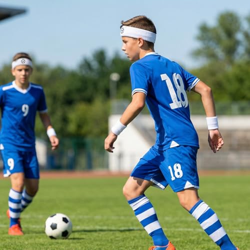 6Pcs Soccer Headband Sweatband Set - 2 Moisture Wicking Terry Cloth Headbands & 4 Athletic Wristbands Sweat Absorbing Sports Accessories for Workout Running Kids Teens