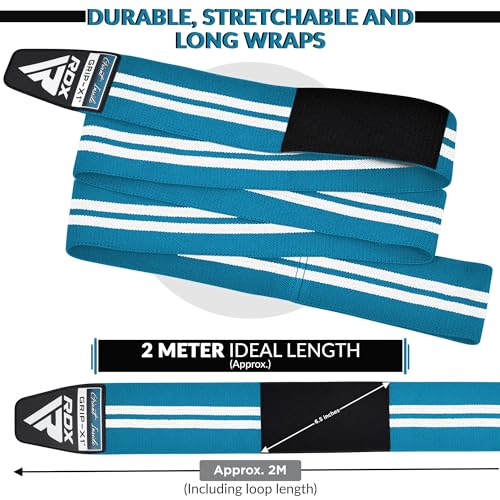 RDX Knee Wraps for Weightlifting, 78” Elasticated Straps Power Lifting Leg Press Support Gym Fitness Squats Workout Men Women - color: Sky Blue