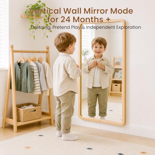 Woodtoe 4-in-1 Montessori Mirror with Bar, Adjustable Tummy Time Floor Mirror, Baby Pull to Stand Toy, Natural Unpainted Solid Wood Frame, Baby Pull Up Bar, Developmental Toys for Nursery (Large Size)