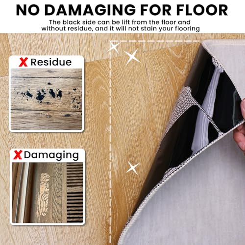 Rug Carpet Non Slip Grippers, Reusable Rug Tape Pads, No Damaging for Hardwood Floors, Strong Hold Carpet Corner Stickers for Area Rugs Flat, Removable, 8Pcs