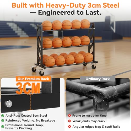 Basketball Racks for Balls, Heavy Duty Ball Cart with Wheels, Basketball Storage 3-Tier 20-Ball Heavy Duty Ball Cart for Gym Garage,Drop Pin for Shooters Preference