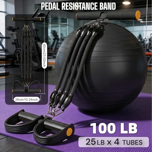 Upgraded Pedal Resistance Band with 4x25 lbs Resistance Tubes Multifunction Home Gym Workout Equipment for Sit Up & Calves Back ABS Leg Hip Arm Exercise - color: Black