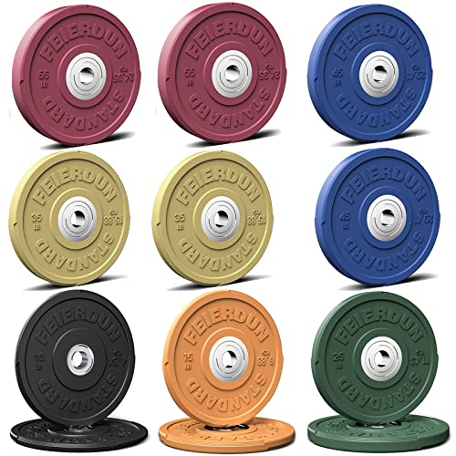 FEIERDUN Color Bumper Plate Set, 2-Inch Olympic Weight Plates, Low Bounce Rubber Barbell Plates with Stainless Steel Insert for Weightlifting, Strength Training, CrossFit & Home Gym, 10LB-370LB - style: S) 370LBS SET
