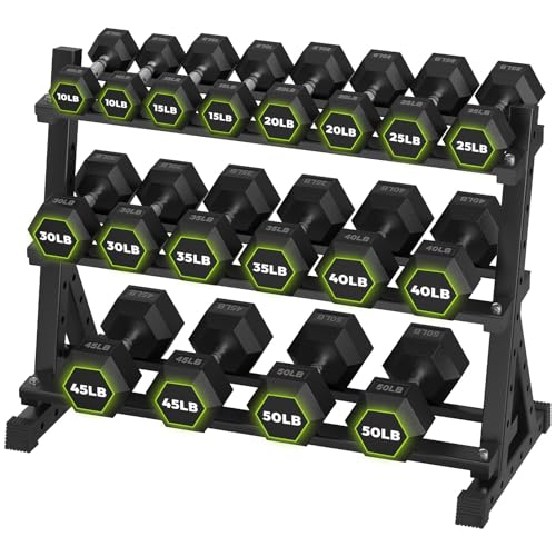 HANDBODE Rubber Coated Hex Dumbbell Set with Rack, 300-840 lb | Fixed Weights Sets with Heavy Duty Storage Stand, Multiple Weight Options Home Gym Equipment for Strength Training - style: 540 lb Set (10-50 lb) with Rack