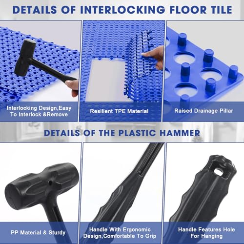 Drydiet 8 Pack Drainage Tiles Modular Interlocking Floor Tiles with 1 Pc Plastic Hammer 12" x 12" Cushion Mat Non Slip Rubber Floor mat with Holes for Pool Bathroom Deck Kitchen Patio (Dark Blue) - color: Dark Blue