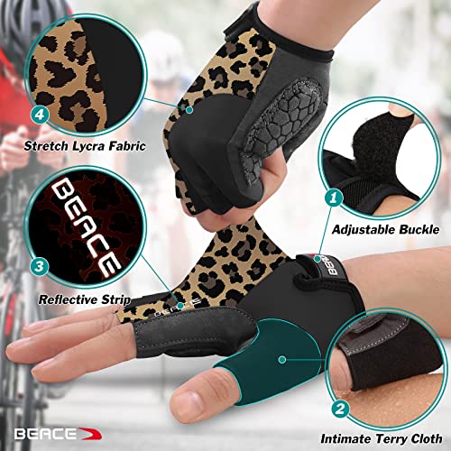 BEACE Gloves for Cycling Bike Biking Half Finger Road Bicycle for Men and Women-5MM Breathable Anti-Slip Shock-Absorbing Pad Gym Motorcycle Light Weight Mountain Bike Gloves - color: Leopard, size: Medium