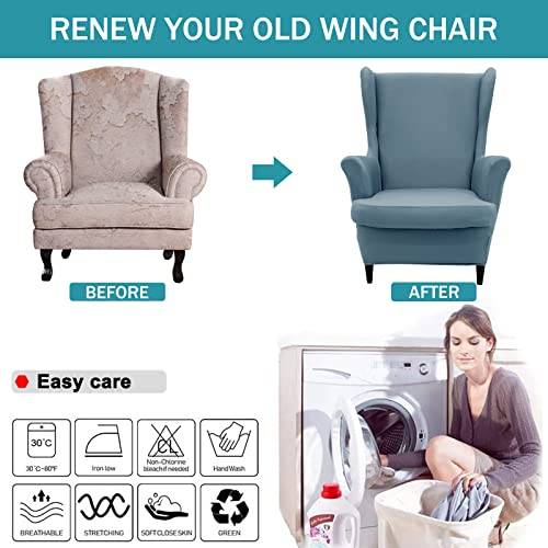 NILUOH Wingback Chair Cover 2-Piece Soft Stretch Wing Chair Slipcover Solid Color Armchair Sofa Couch Cover Furniture Protector with Elastic Bottom for Living Room Bedroom (Gray-Blue) - color: Gray-blue